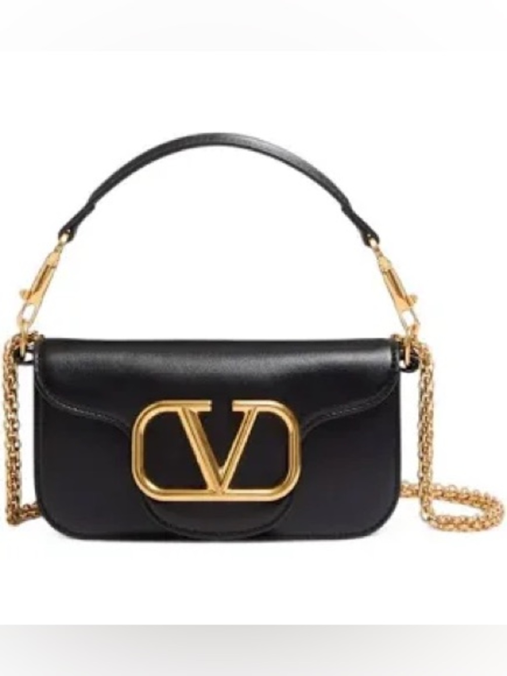 Valentino Garavani Black Leather V Logo Shoulder Bag with Gold Chain